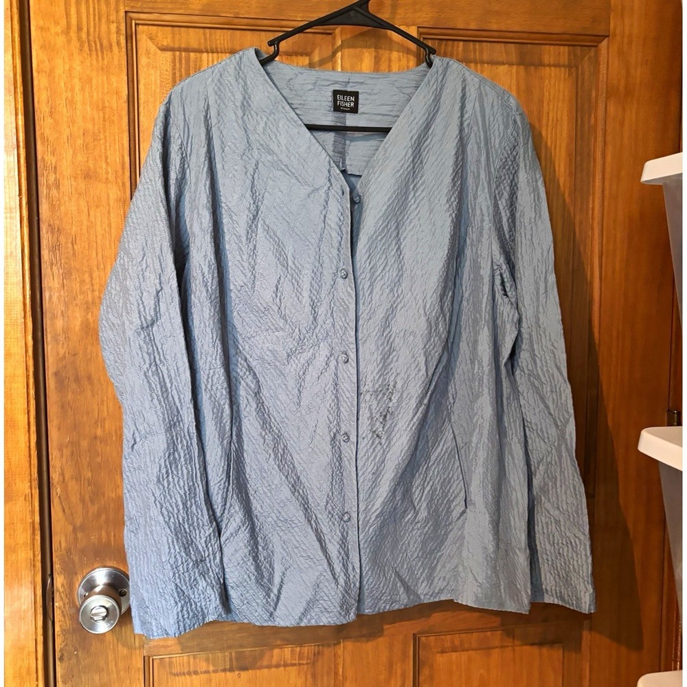 Eileen Fisher Woman 100% Silk Plisse Crinkle Button Jacket Blouse Blue 1X 115QH